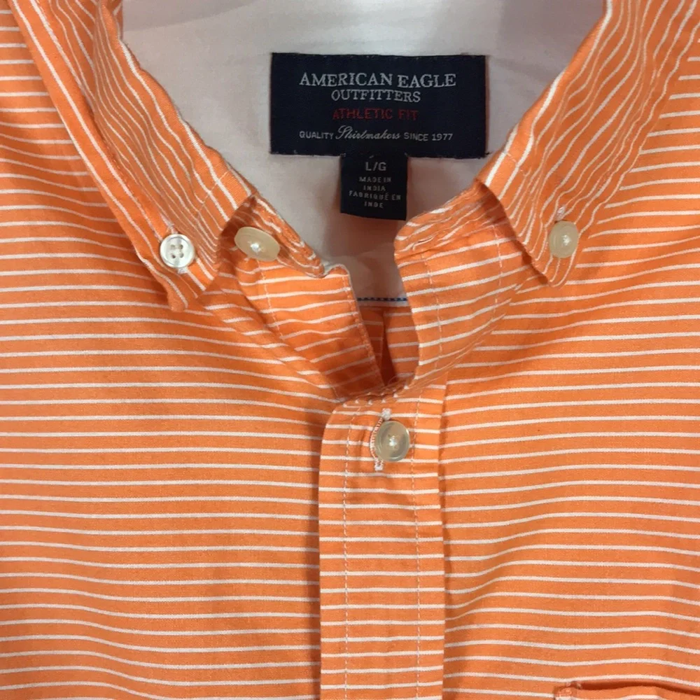 American Eagle Button Down Shirt Collared Pin strips Men size Large Orange white - Picture 5 of 9